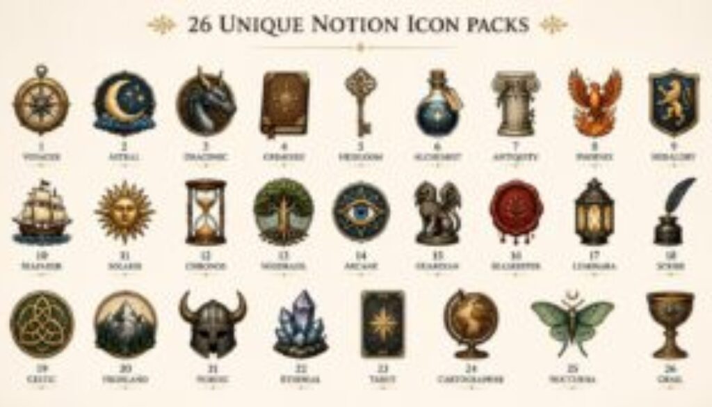 26 Vintage & Fantasy Themed Notion Icon Packs